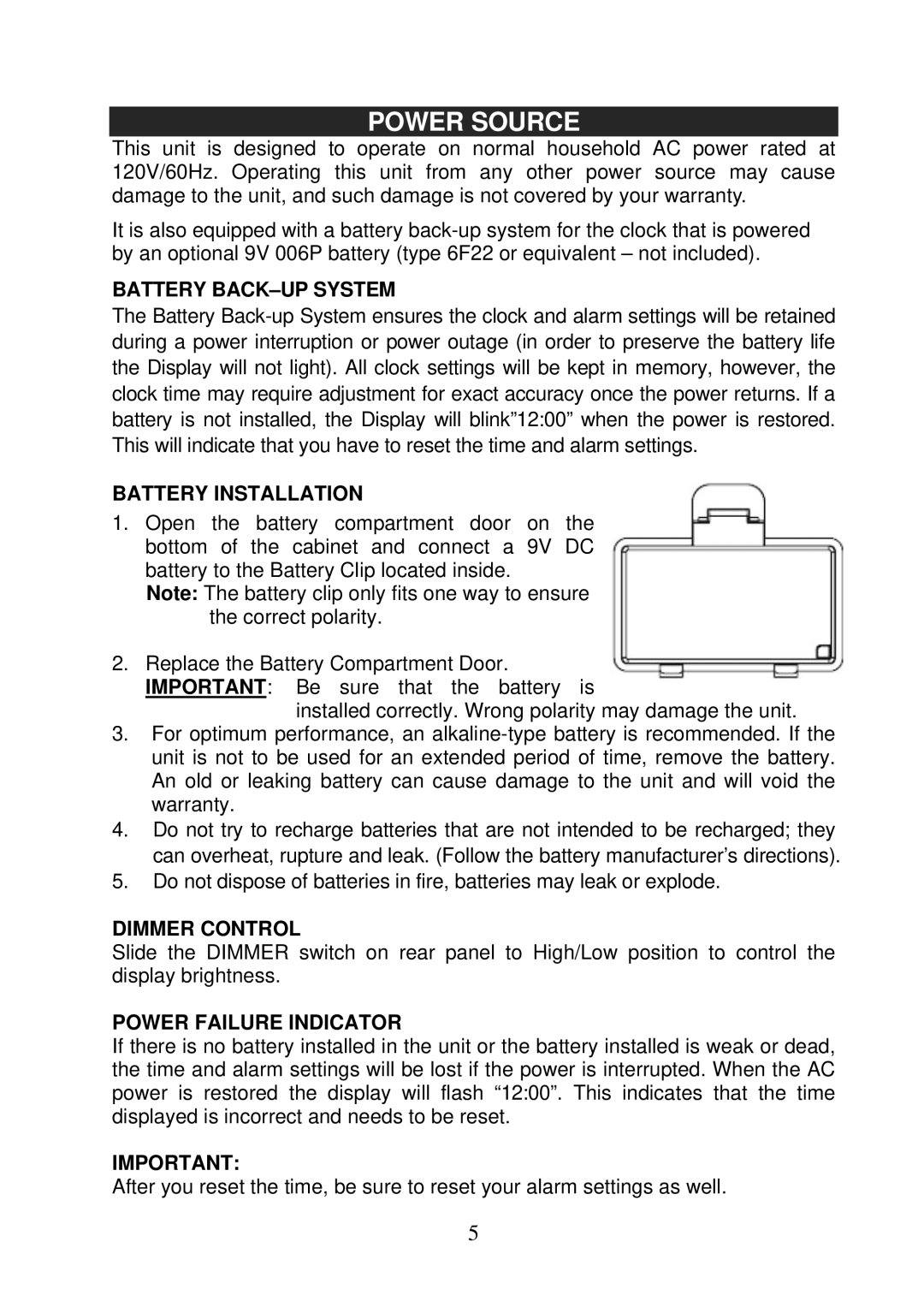 Jensen JiMS-60 Power Source, Battery BACK-UP System, Battery Installation, Dimmer Control, Power Failure Indicator 