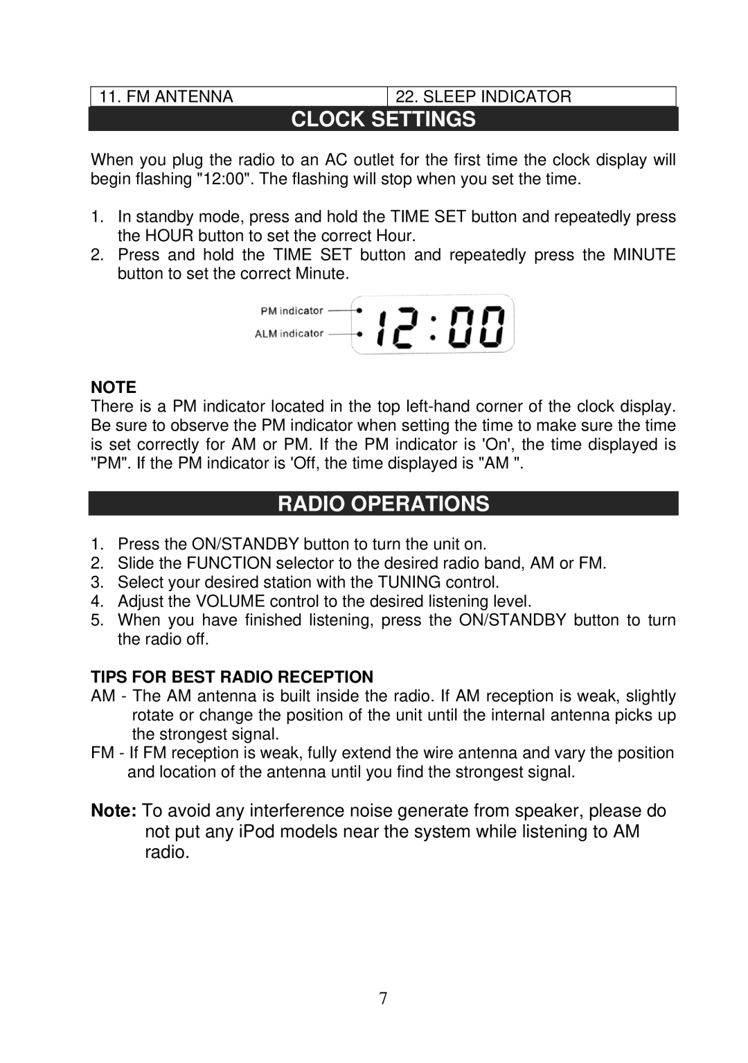 Jensen JiMS-60 owner manual Clock Settings, Radio Operations, Tips for Best Radio Reception 