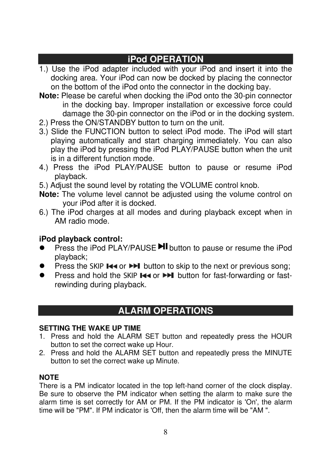 Jensen JiMS-60 owner manual Alarm Operations, IPod playback control, Setting the Wake UP Time 