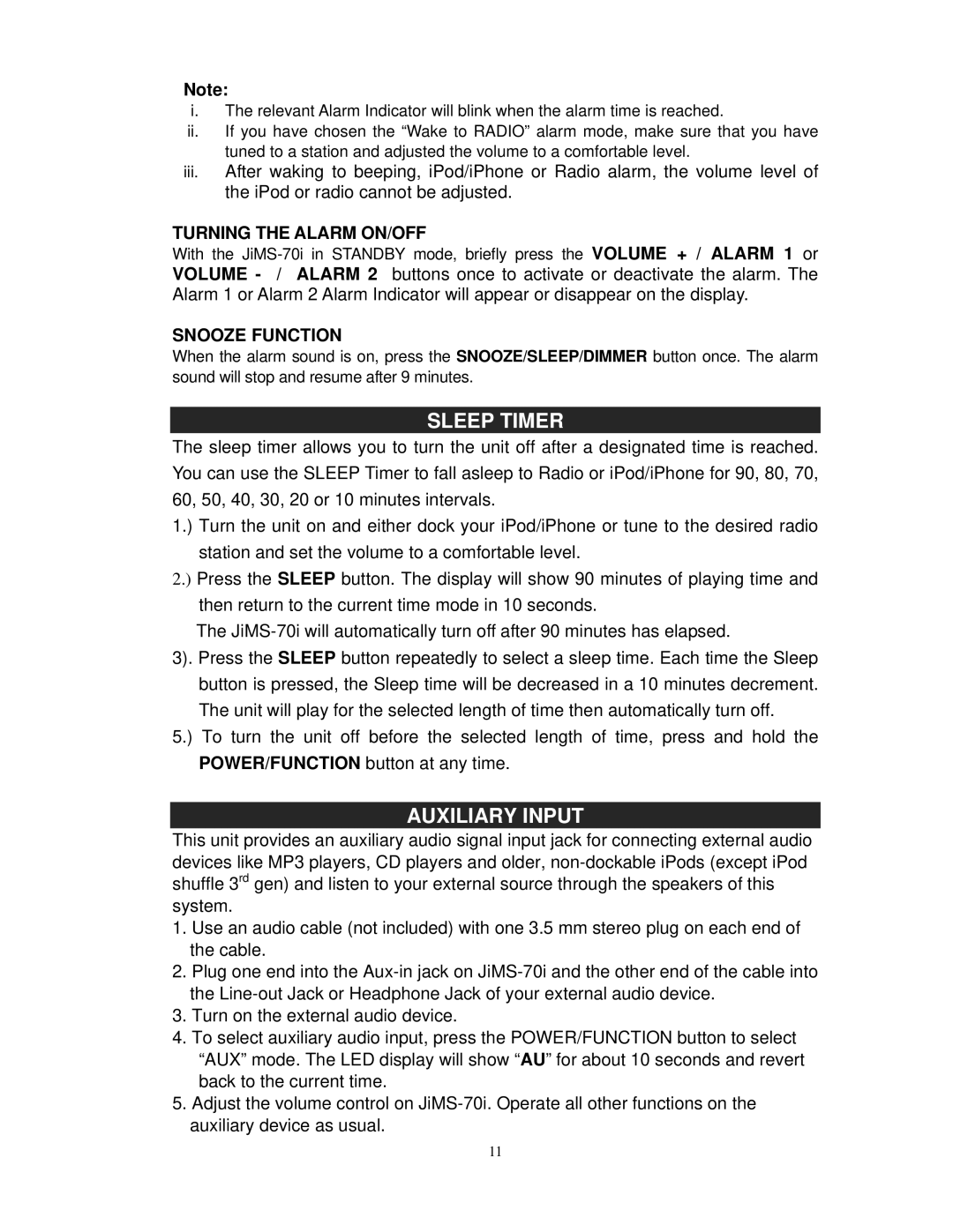 Jensen JIMS-70I user manual Sleep Timer, Auxiliary Input, Turning the Alarm ON/OFF, Snooze Function 