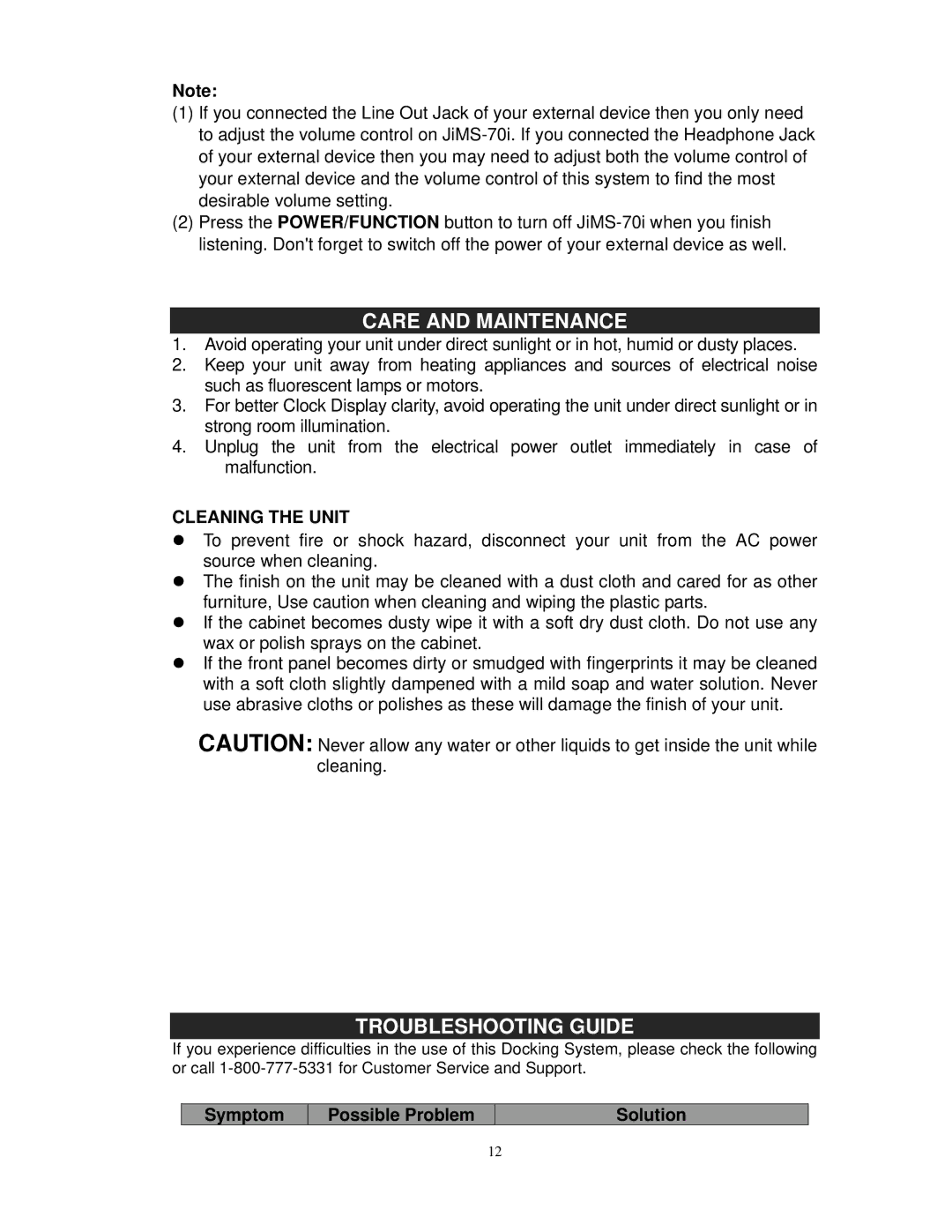 Jensen JIMS-70I Care and Maintenance, Troubleshooting Guide, Cleaning the Unit, Symptom Possible Problem Solution 