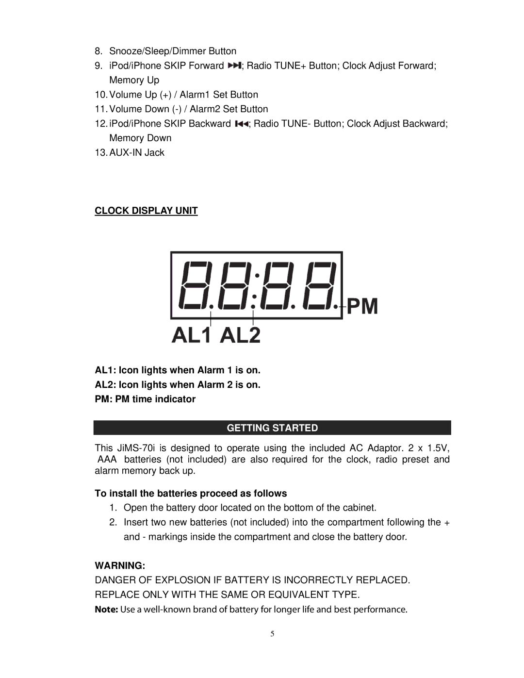 Jensen JIMS-70I user manual Clock Display Unit, Getting Started, To install the batteries proceed as follows 