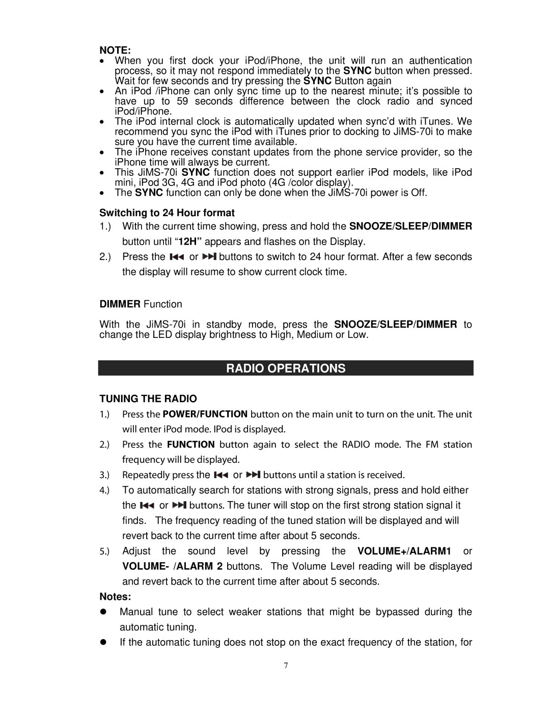 Jensen JIMS-70I user manual Radio Operations, Switching to 24 Hour format, Tuning the Radio 