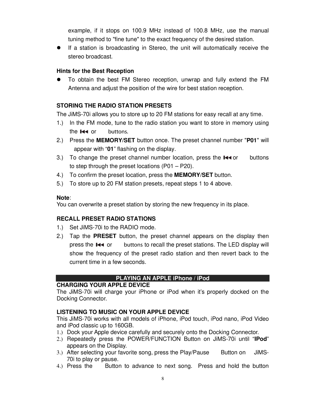 Jensen JIMS-70I user manual Hints for the Best Reception, Storing the Radio Station Presets, Recall Preset Radio Stations 