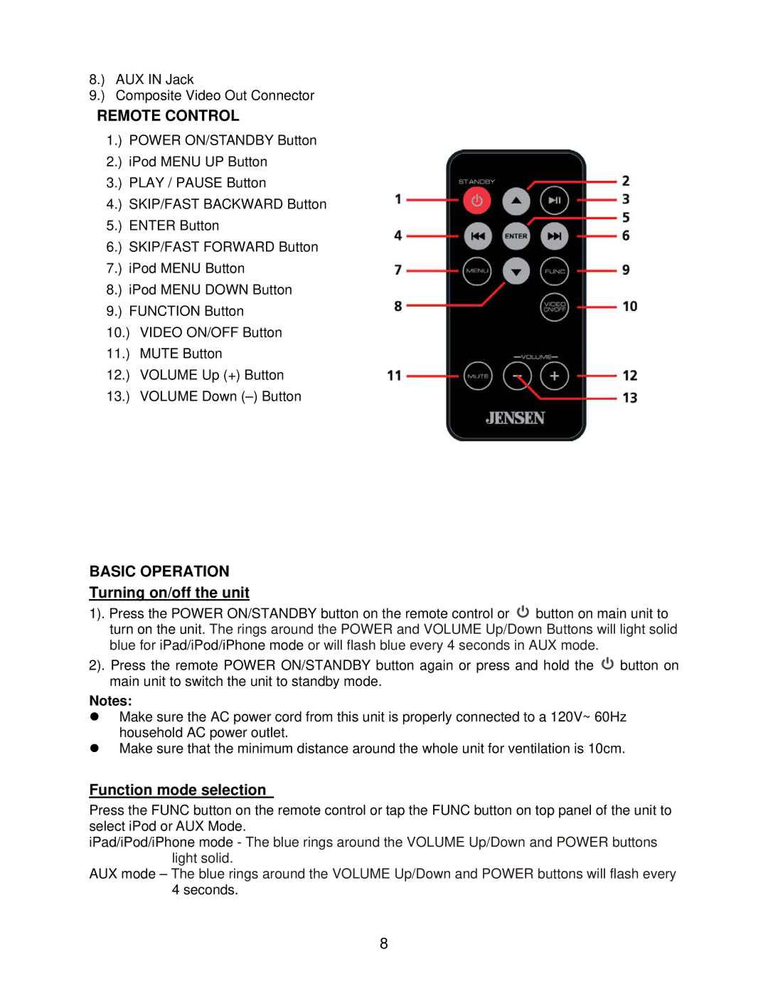 Jensen JIPS-290I user manual Remote Control, Basic Operation, Turning on/off the unit, Function mode selection 