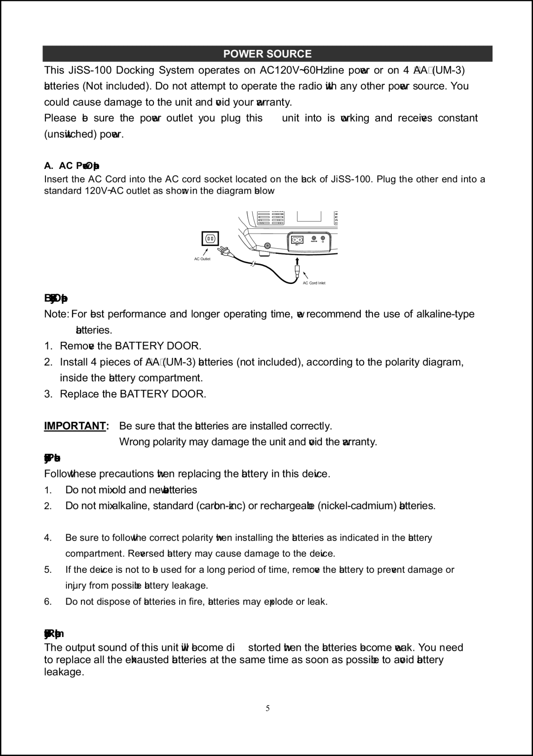 Jensen JiSS-100 owner manual Power Source, Battery Operation, Battery Precautions, Battery Replacement 