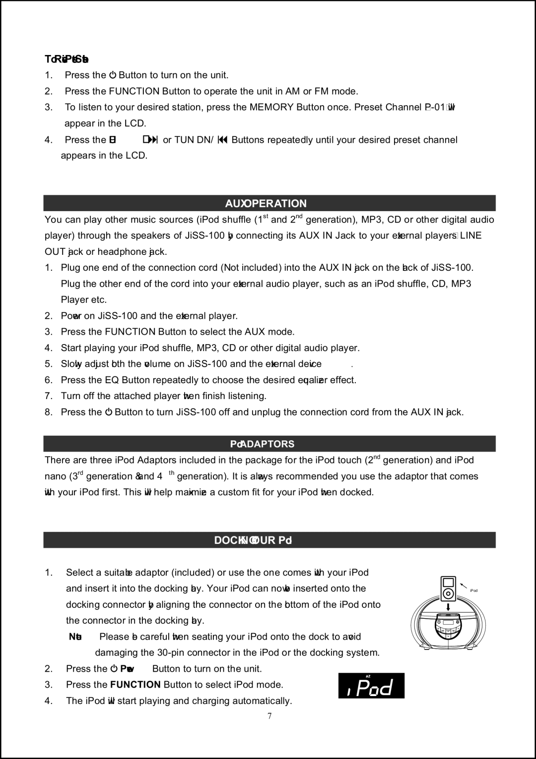 Jensen JiSS-100 owner manual To Receive Preset Stations, AUX Operation 