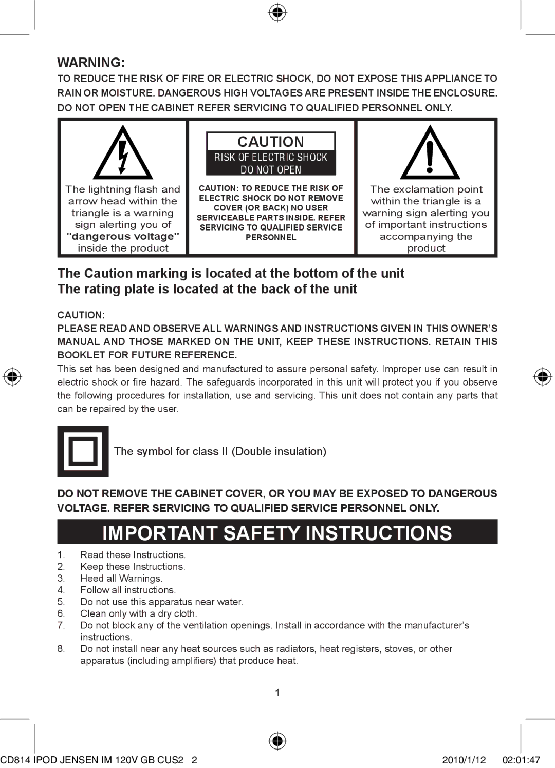 Jensen JiSS-115 owner manual Important Safety Instructions 