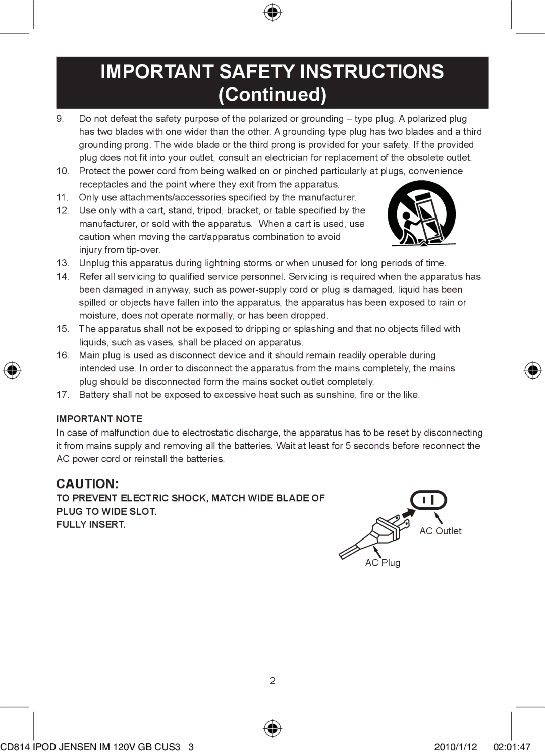 Jensen JiSS-115 owner manual Important Note, AC Outlet, AC Plug 