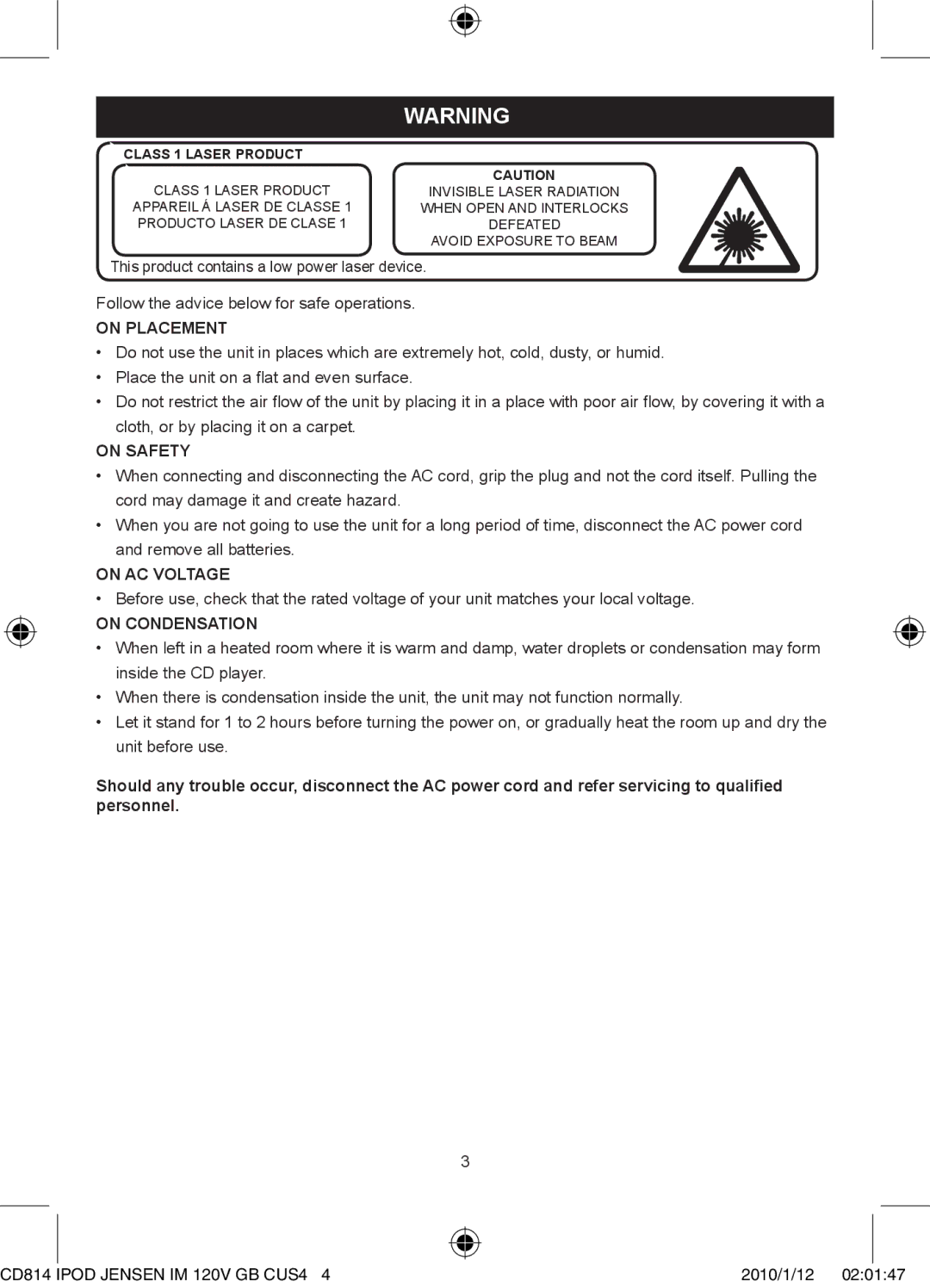 Jensen JiSS-115 owner manual On Placement, On Safety, On AC Voltage, On Condensation 