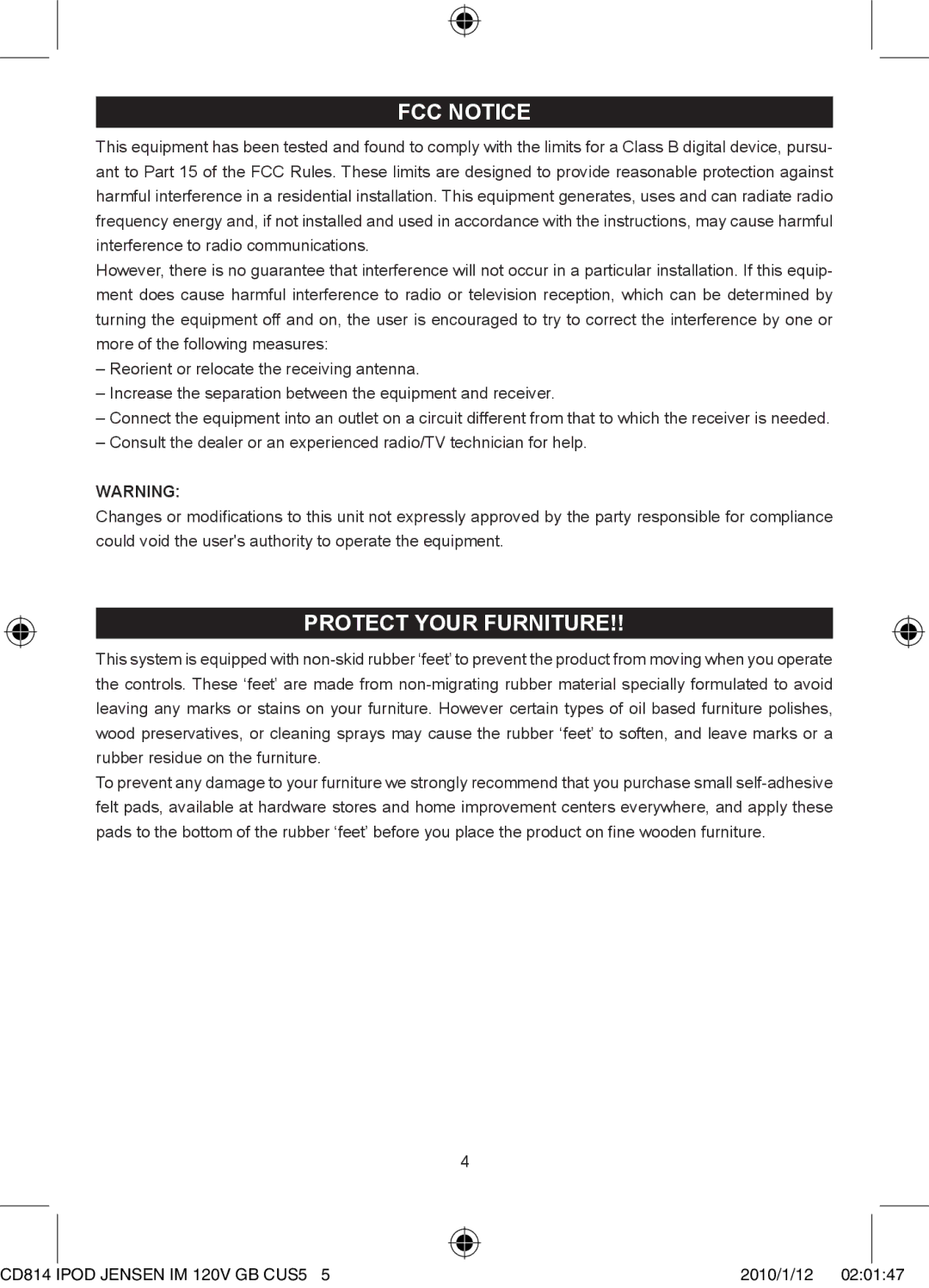 Jensen JiSS-115 owner manual FCC Notice, Protect Your Furniture 