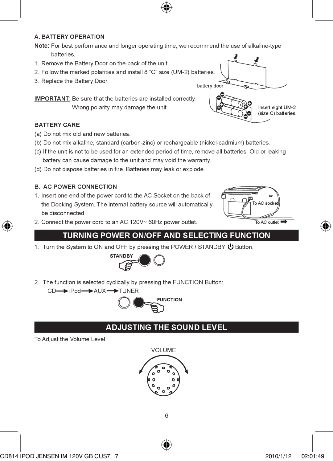 Jensen JiSS-115 Turning Power ON/OFF and Selecting Function, Adjusting the Sound Level, Battery Operation, Battery Care 