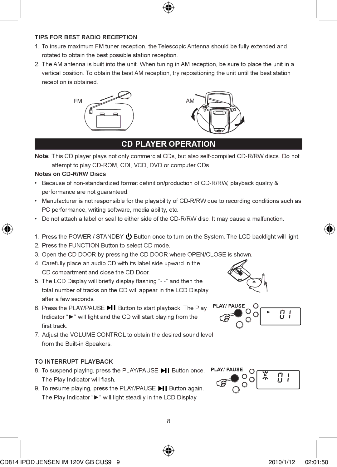 Jensen JiSS-115 owner manual CD Player Operation, Tips for Best Radio Reception, To Interrupt Playback 