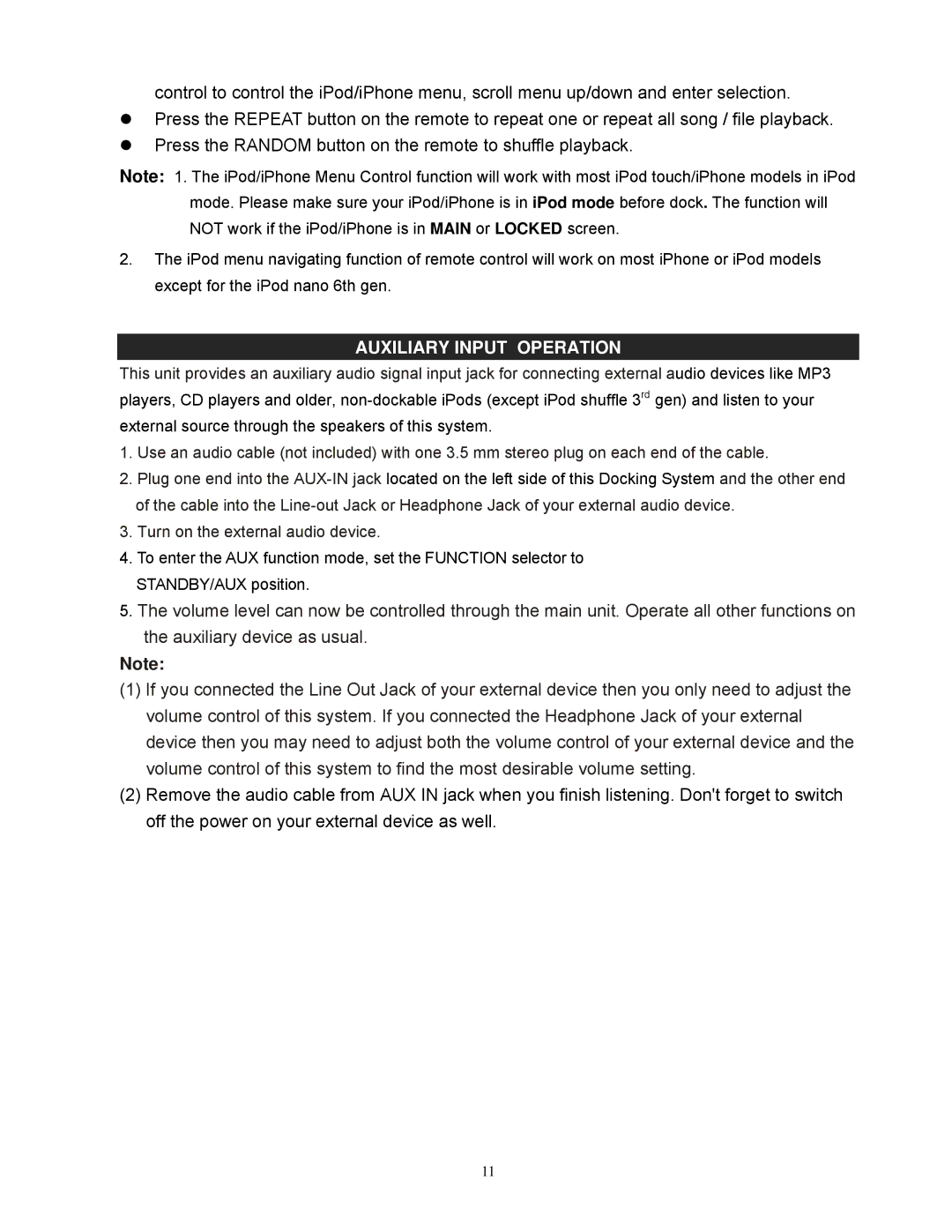 Jensen JISS-300I user manual Auxiliary Input Operation 