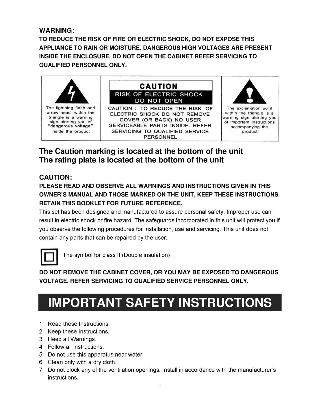 Jensen JISS-300I user manual Important Safety Instructions 