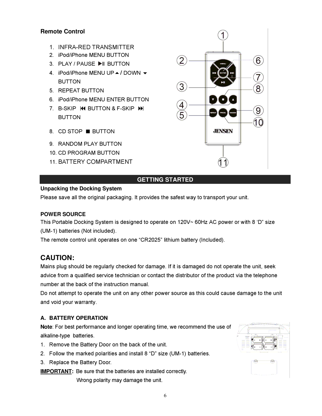 Jensen JISS-300I user manual Getting Started, Power Source, Battery Operation 