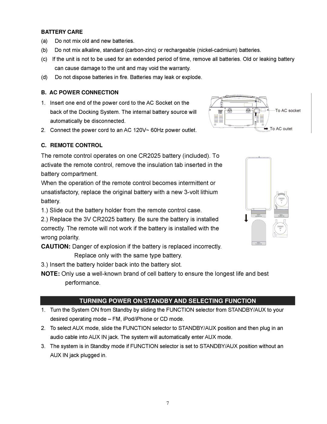 Jensen JISS-300I Turning Power ON/STANDBY and Selecting Function, Battery Care, AC Power Connection, Remote Control 