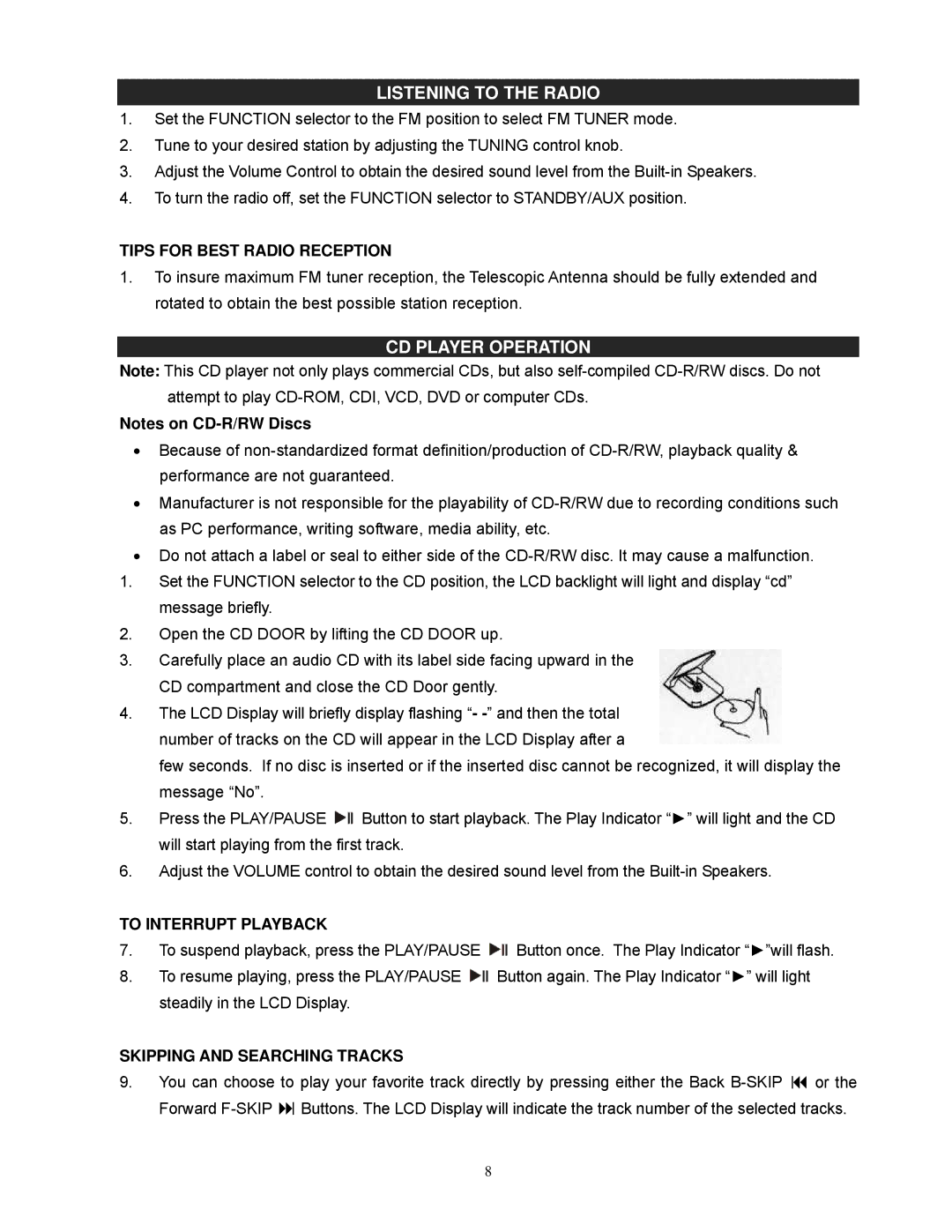 Jensen JISS-300I Listening to the Radio, CD Player Operation, Tips for Best Radio Reception, To Interrupt Playback 