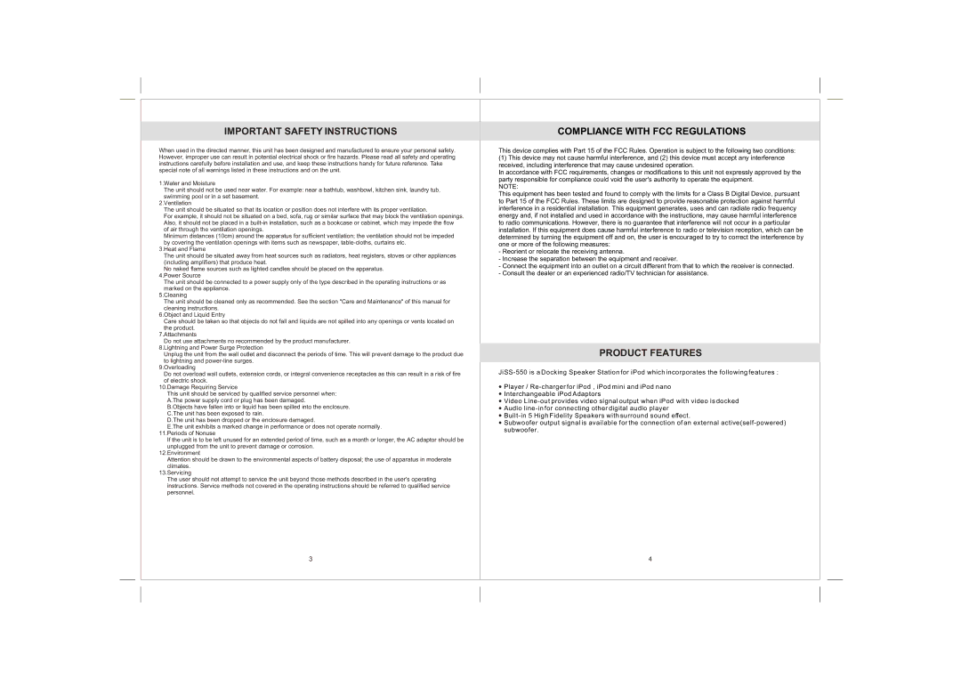 Jensen JiSS-550 owner manual Important Safety Instructions, Compliance with FCC Regulations 