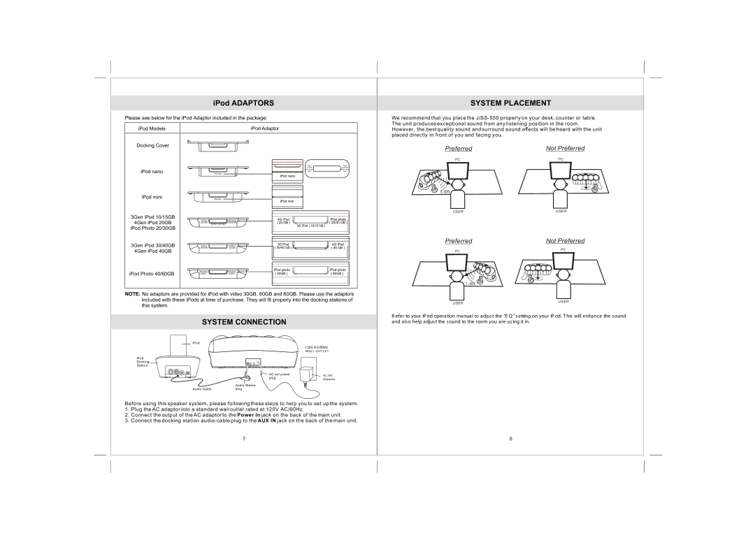 Jensen JiSS-550 owner manual IPod Adaptors, System Placement, System Connection, IPod Adaptor Docking Cover 