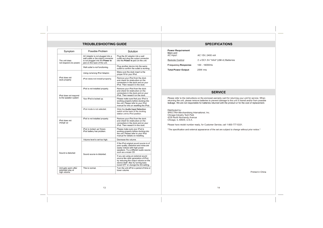 Jensen JiSS-550 Troubleshooting Guide, Service, Power Requirement, Total Power Output, IPod mode is not selected 