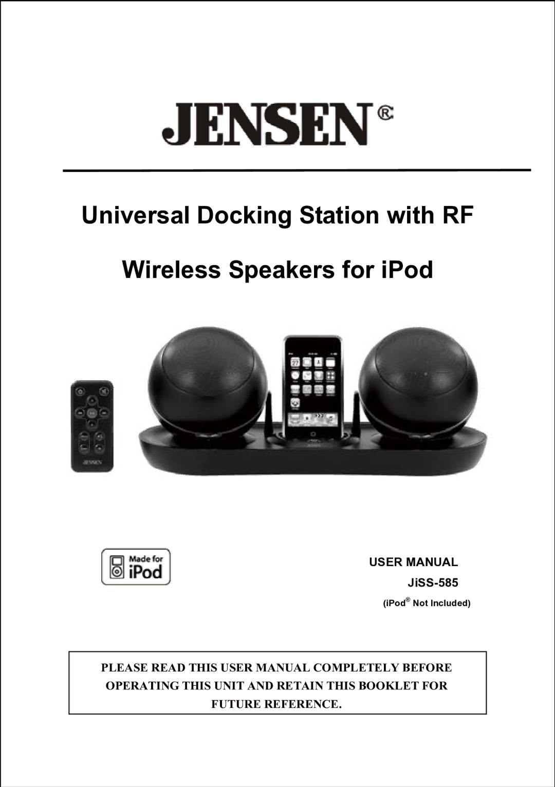 Jensen JiSS-585 user manual Universal Docking Station with RF Wireless Speakers for iPod 