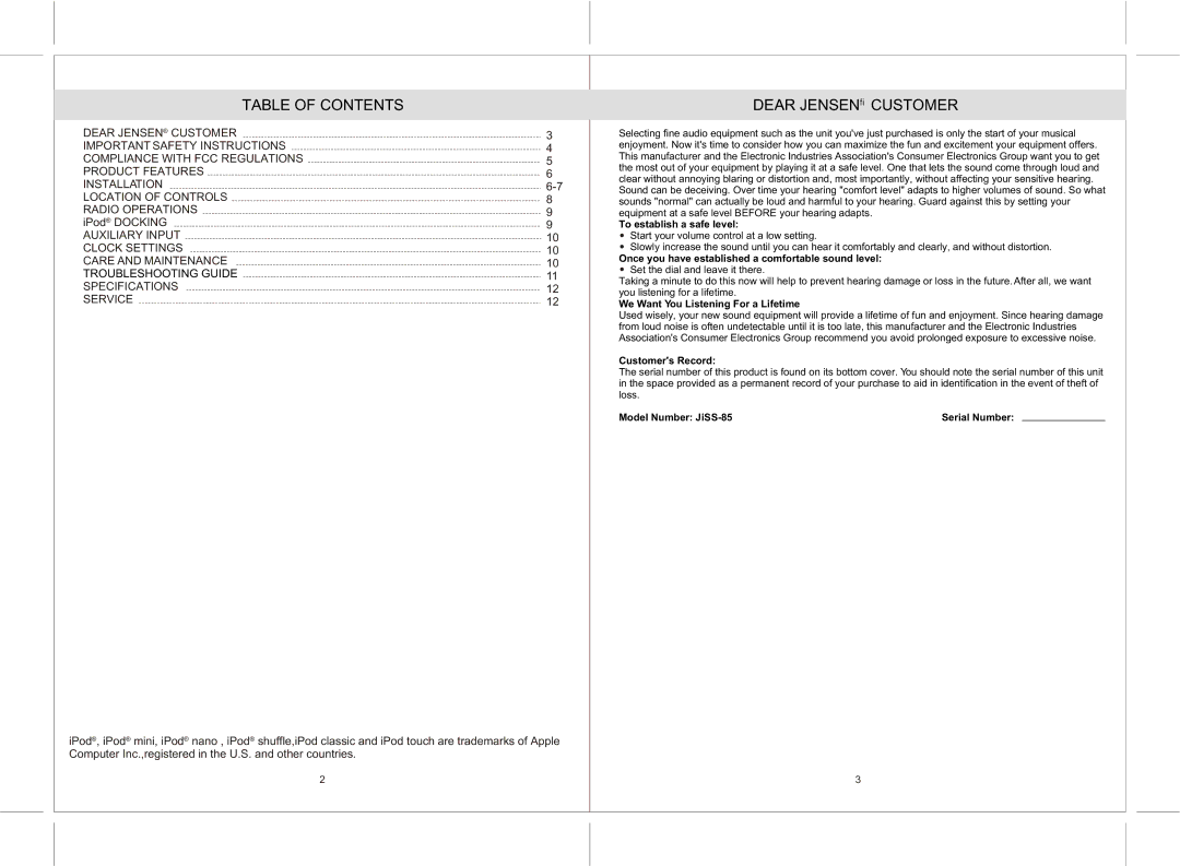 Jensen JiSS-85 owner manual Table of Contents, Dear Jensen Customer 