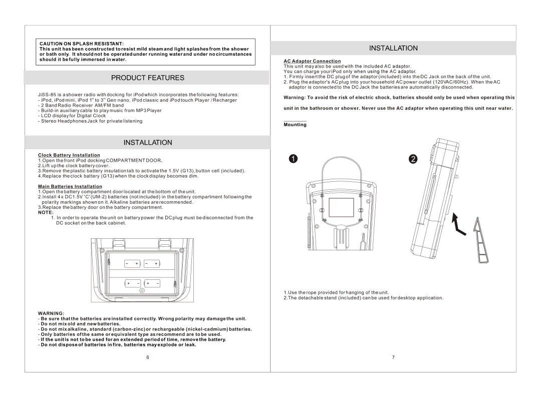 Jensen JiSS-85 Product Features, Clock Battery Installation, Main Batteries Installation, AC Adaptor Connection 