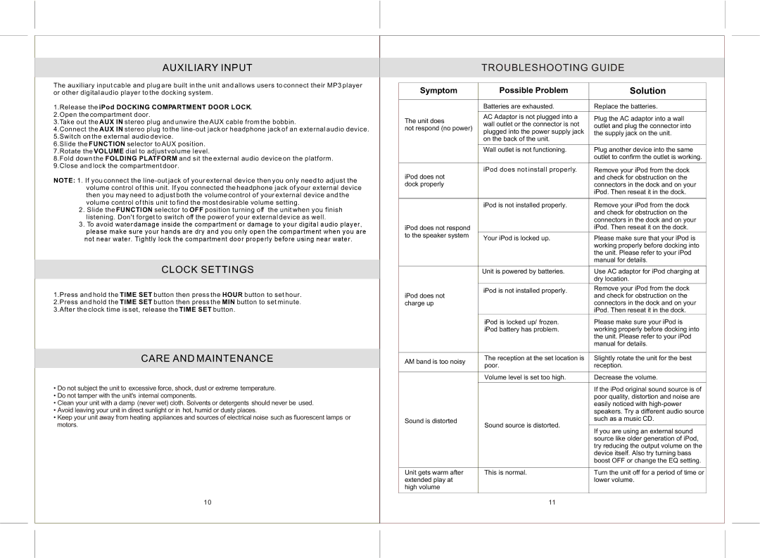 Jensen JiSS-85 owner manual Auxiliary Input, Clock Settings, Care and Maintenance, Troubleshooting Guide, Solution 