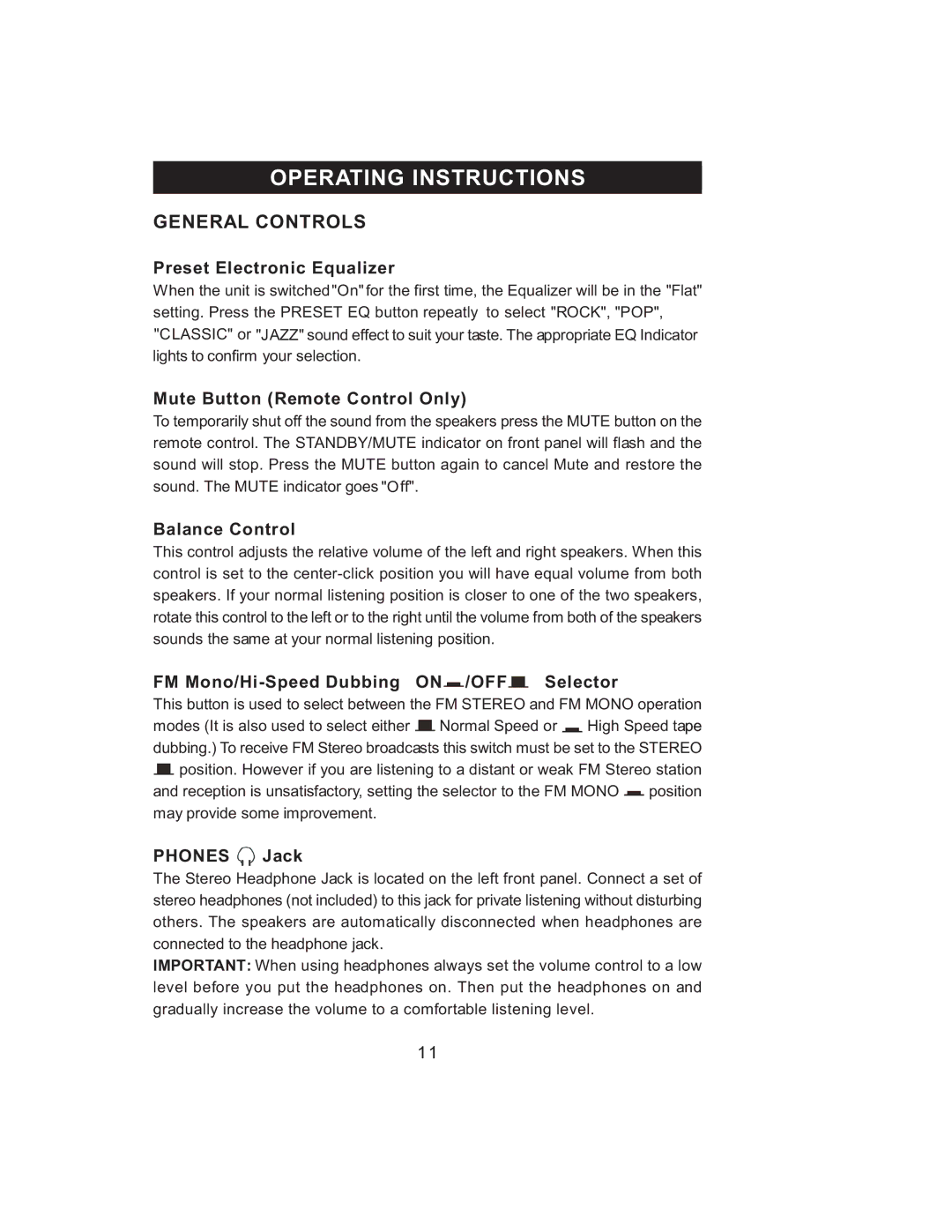 Jensen JMC-1000 manual Operating Instructions, General Controls 