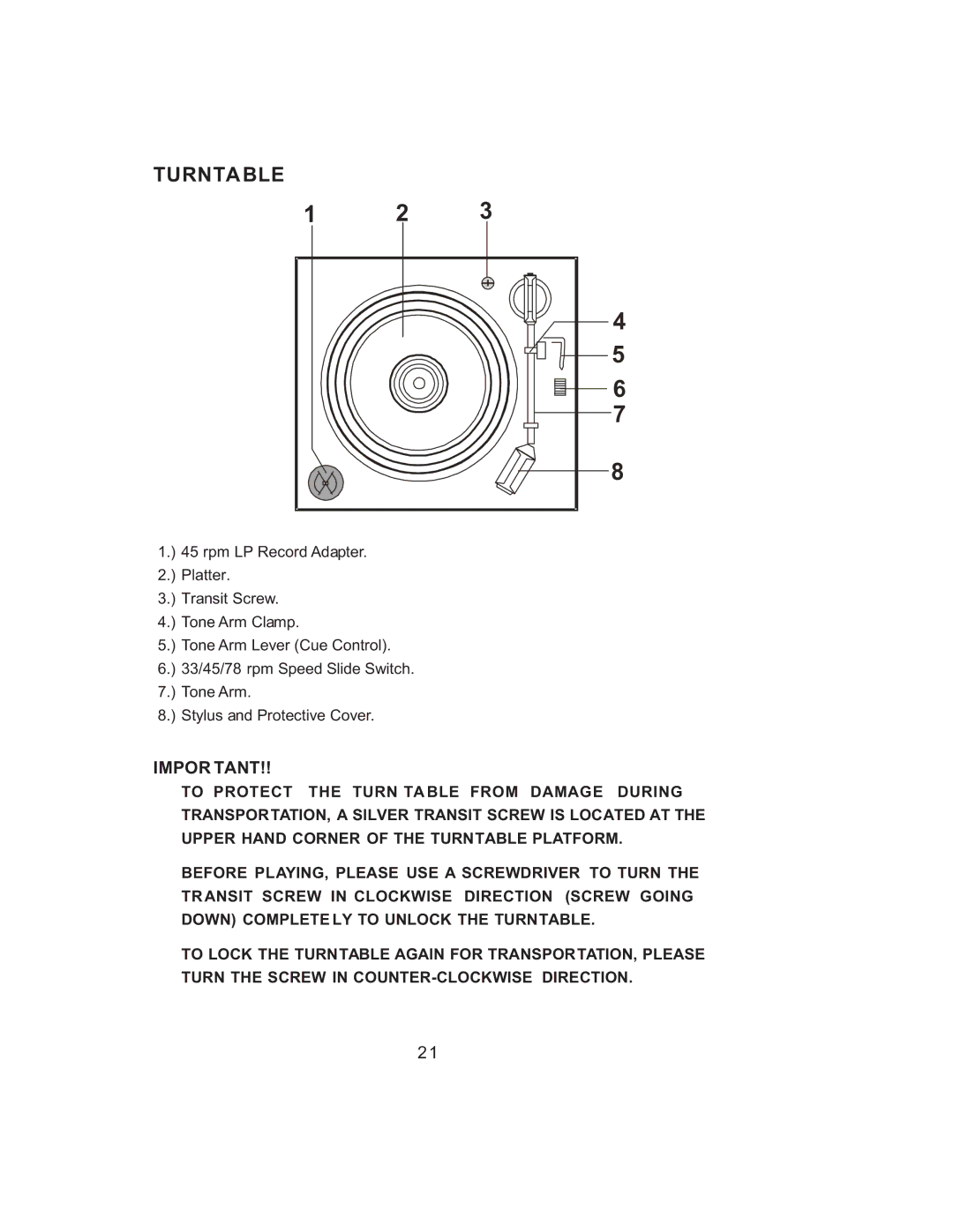 Jensen JMC-1000 manual Turnta BLE, Impor Tant 