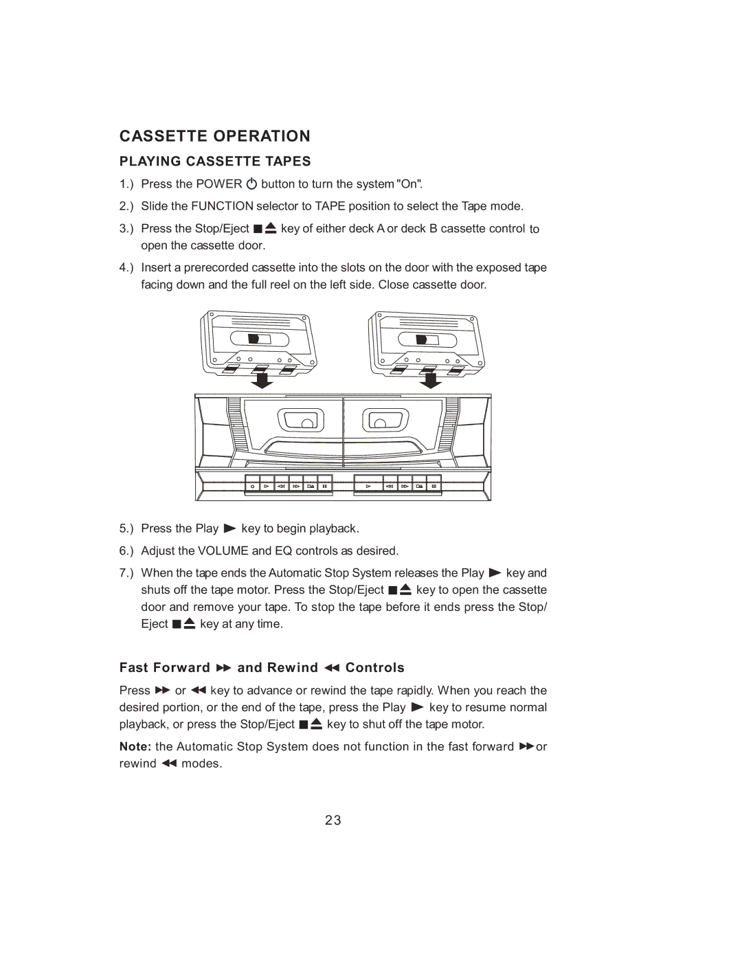 Jensen JMC-1000 manual Playing Cassette Tapes, Fast Forward and Rew ind Controls 