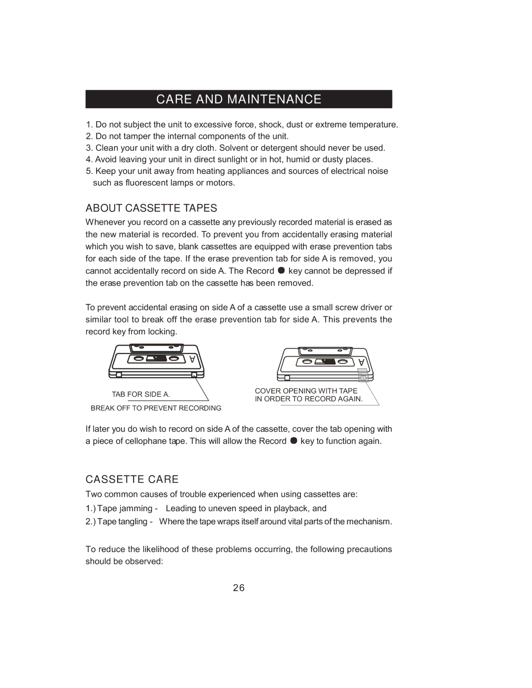 Jensen JMC-1000 manual Care and Maintenance, About Cassette Tapes, Cassette Care 