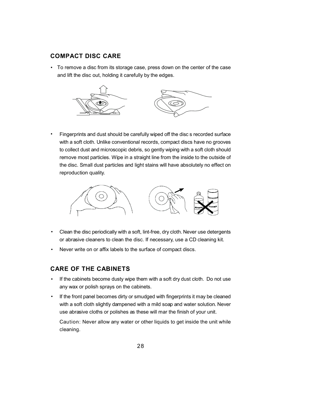 Jensen JMC-1000 manual Compact Disc Care, Care of the Cabinets 