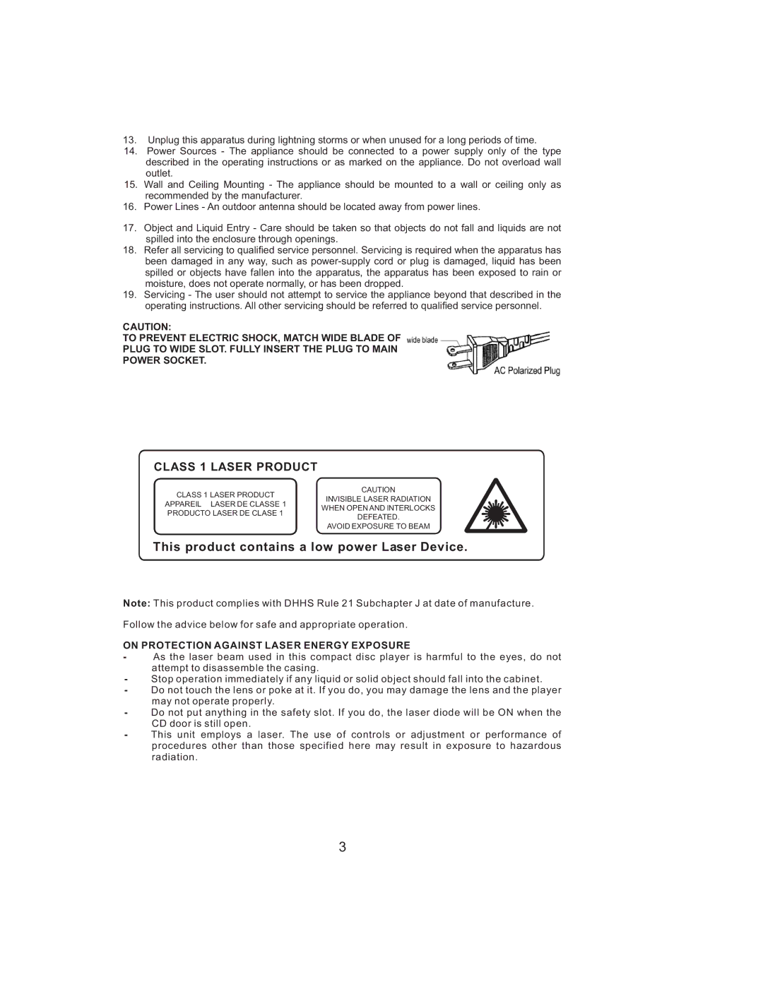 Jensen JMC-1000 manual Class 1 Laser Product 