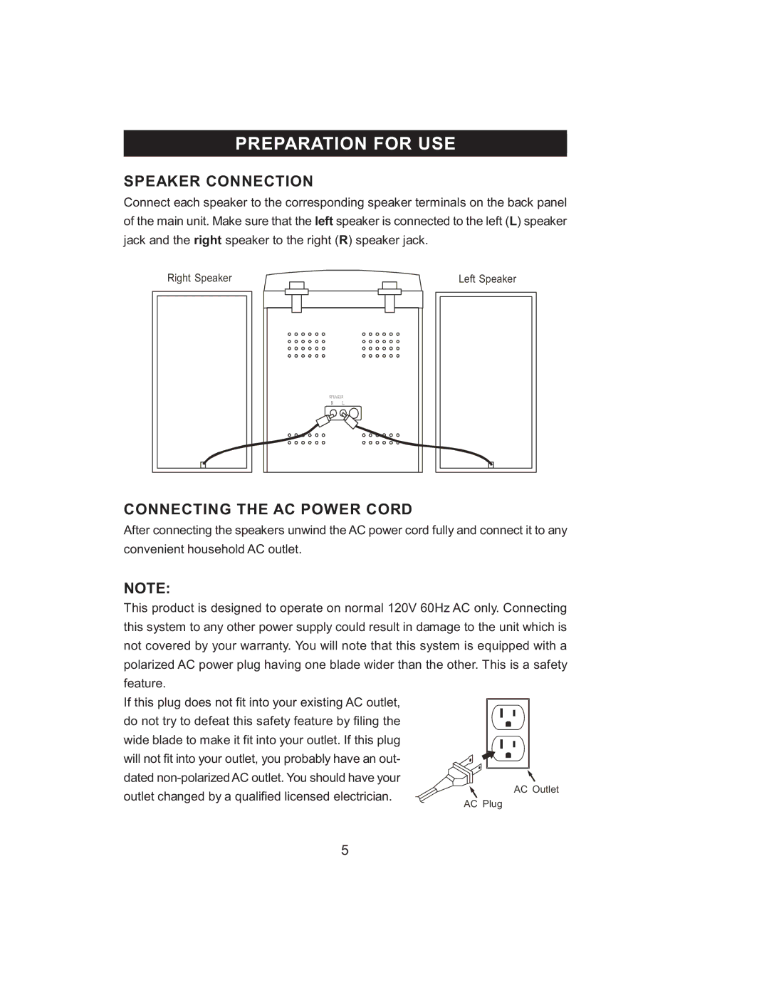 Jensen JMC-1000 manual Preparation for USE, Speaker Connection, Connecting the AC Power Cord 