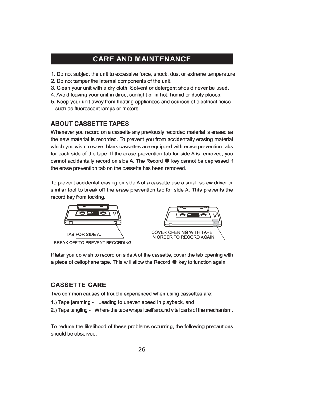 Jensen JMC-1000 manual Care And Maintenance, About Cassette Tapes, Cassette Care 