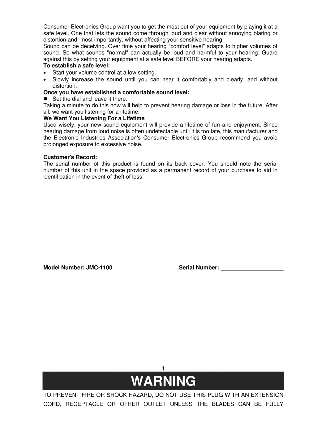 Jensen JMC-1100 To establish a safe level, Once you have established a comfortable sound level, Customers Record 