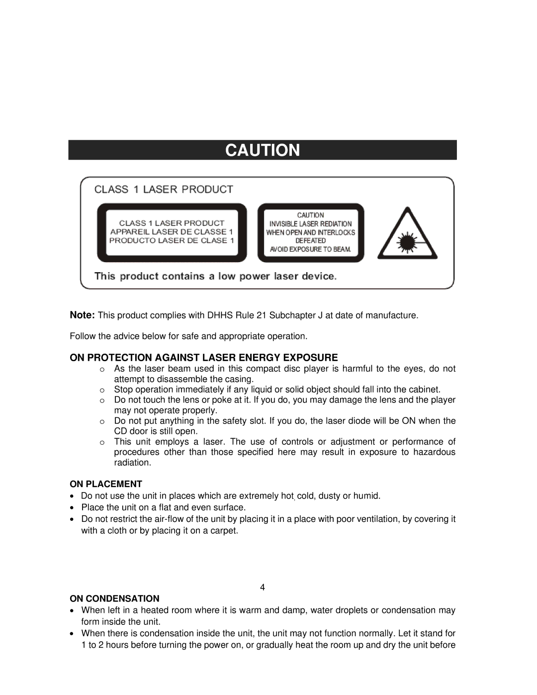 Jensen JMC-1100 owner manual On Protection Against Laser Energy Exposure, On Placement, On Condensation 