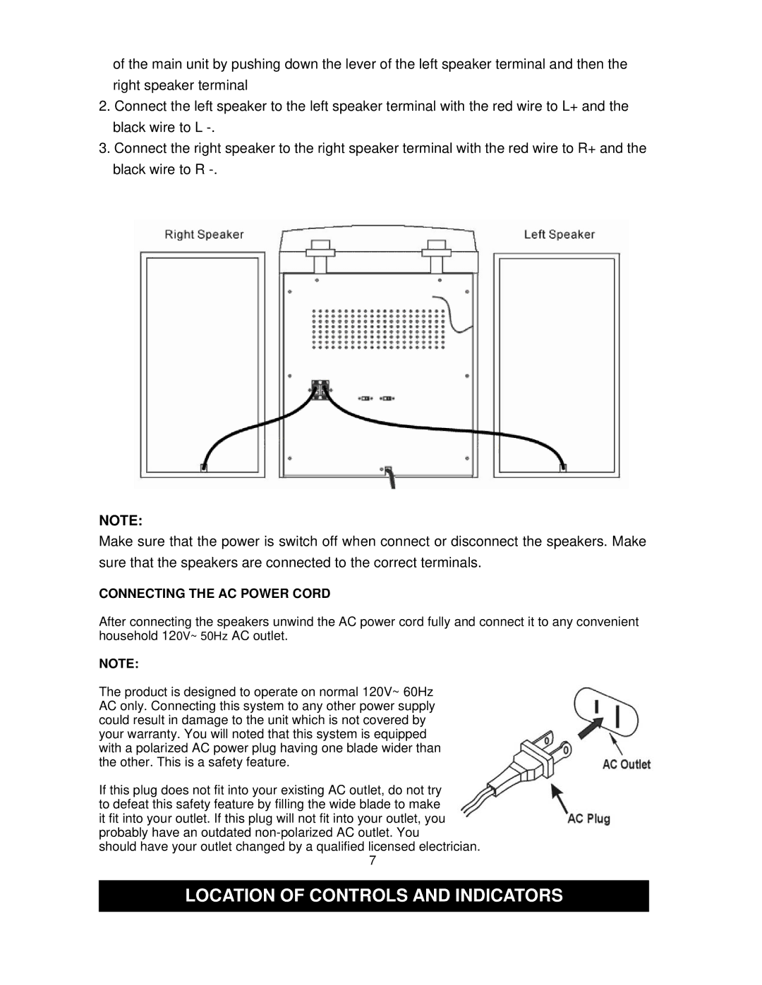 Jensen JMC-1100 owner manual Location of Controls and Indicators, Connecting the AC Power Cord 