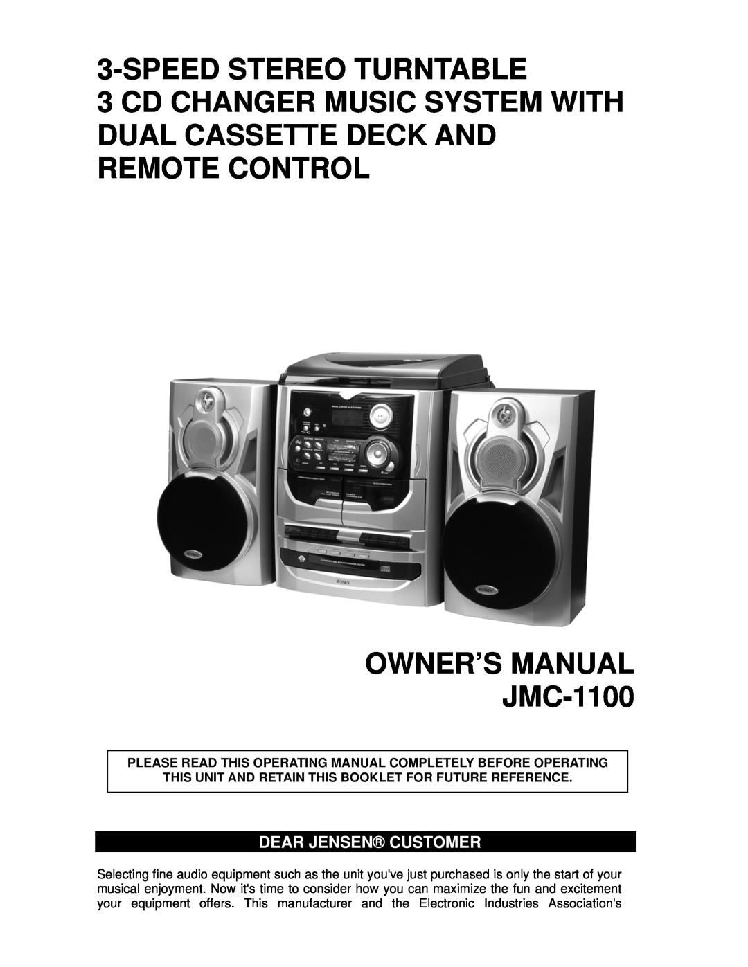 Jensen JMC-1100 owner manual Dear Jensen Customer, Speedstereo Turntable 