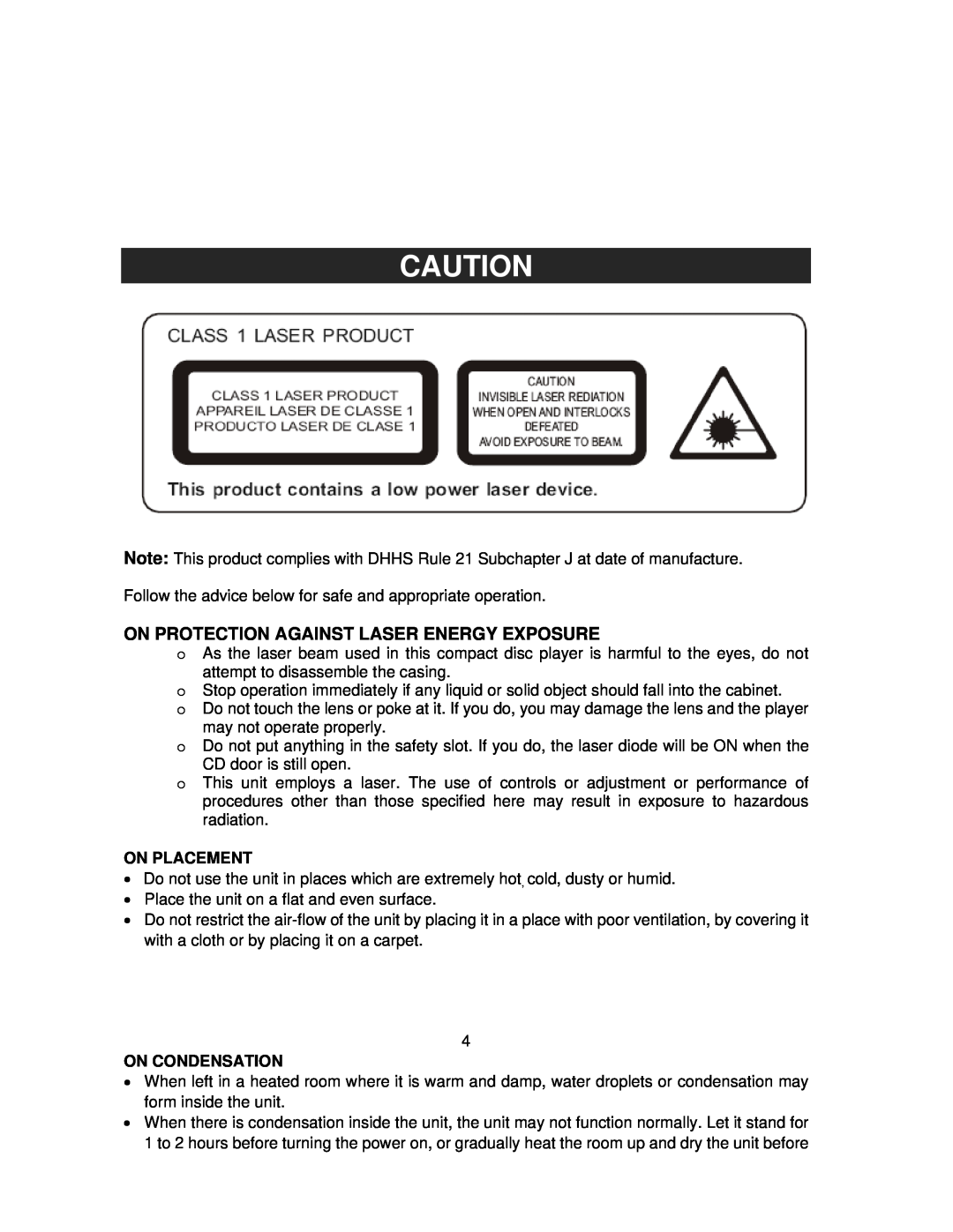 Jensen JMC-1100 owner manual On Protection Against Laser Energy Exposure, On Placement, On Condensation 