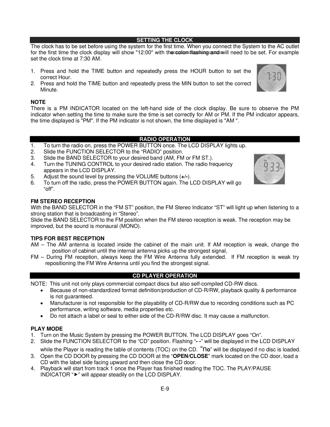 Jensen JMC-180 user manual Setting the Clock, Radio Operation, CD Player Operation 