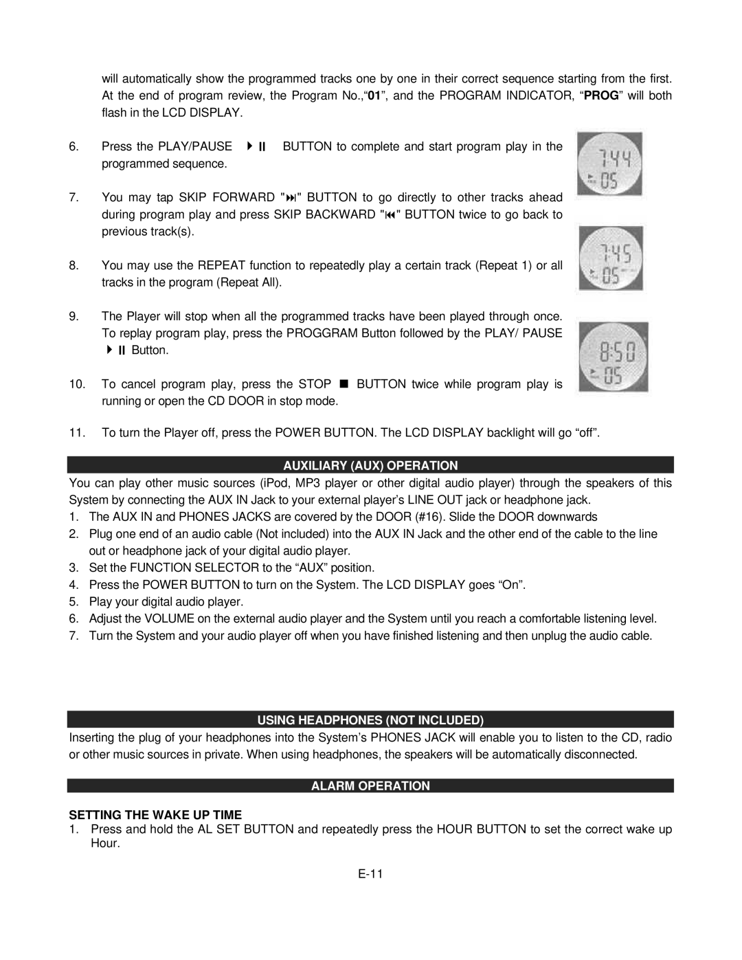 Jensen JMC-180 Auxiliary AUX Operation, Using Headphones not Included, Alarm Operation, Setting the Wake UP Time 