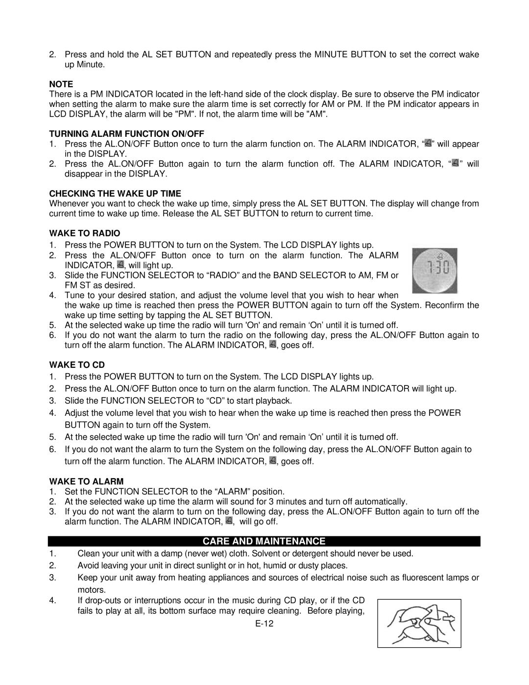 Jensen JMC-180 Turning Alarm Function ON/OFF, Checking the Wake UP Time, Wake to Radio, Wake to CD, Wake to Alarm 