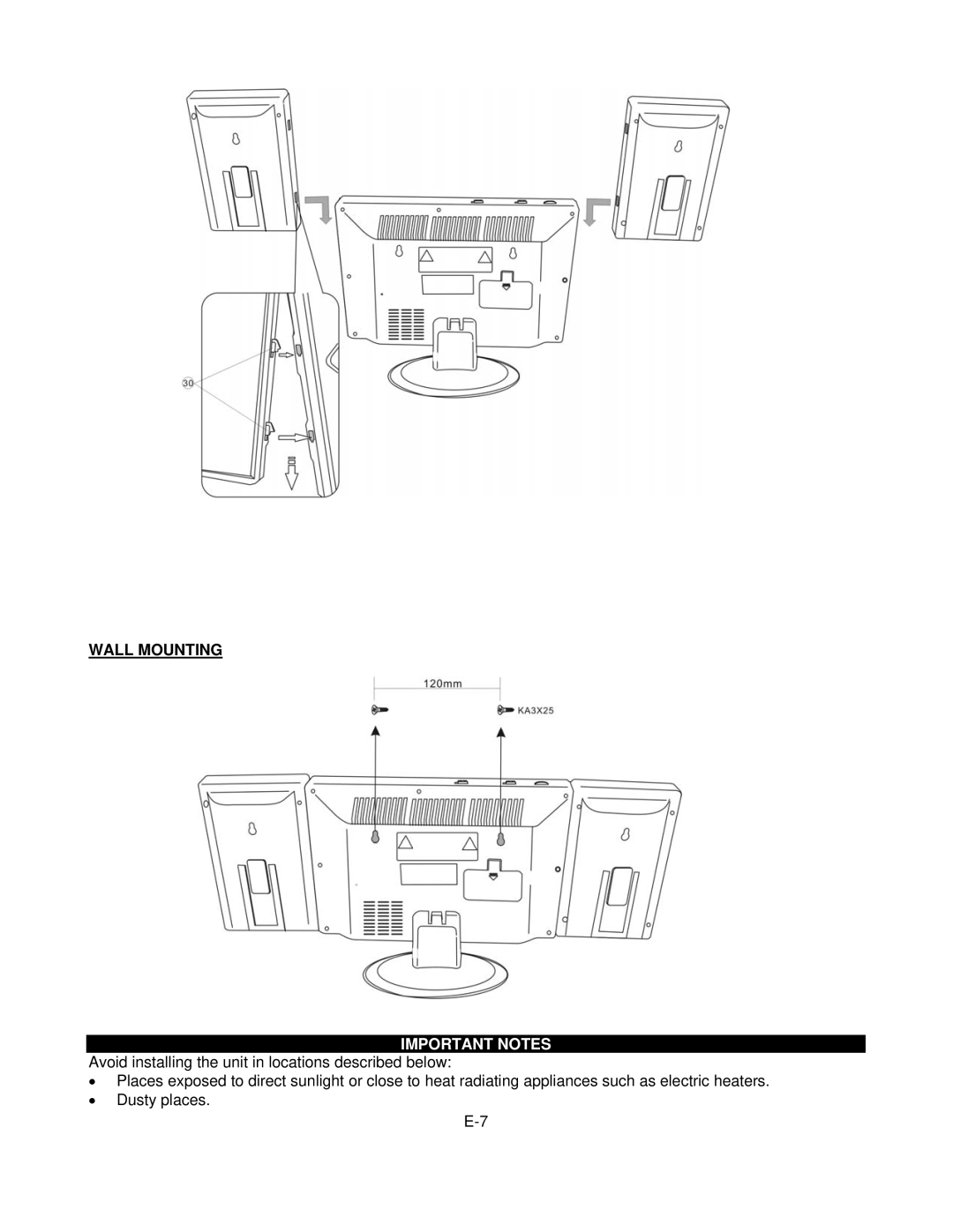 Jensen JMC-180 user manual Wall Mounting, Important Notes 