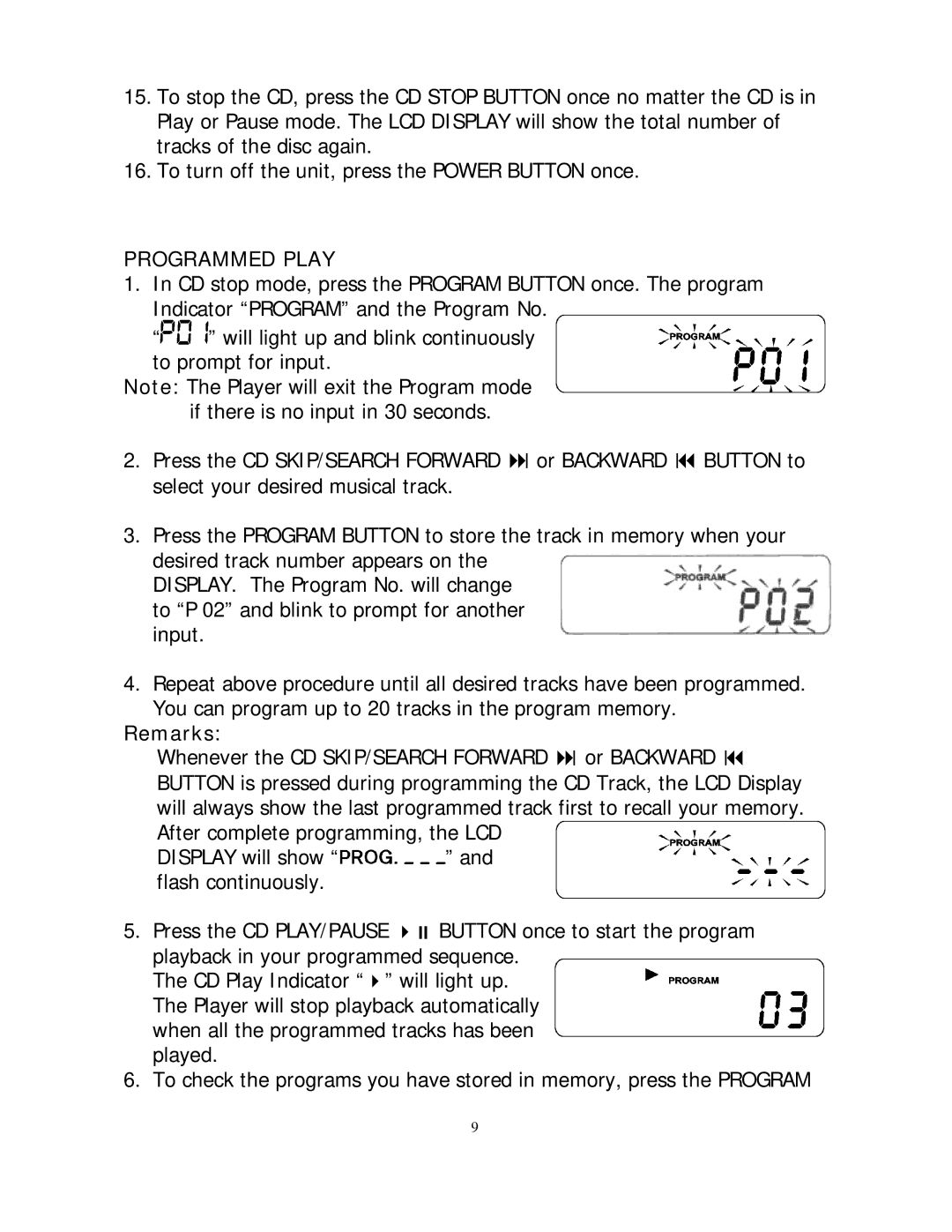 Jensen JMC-255 instruction manual Programmed Play, Remarks 