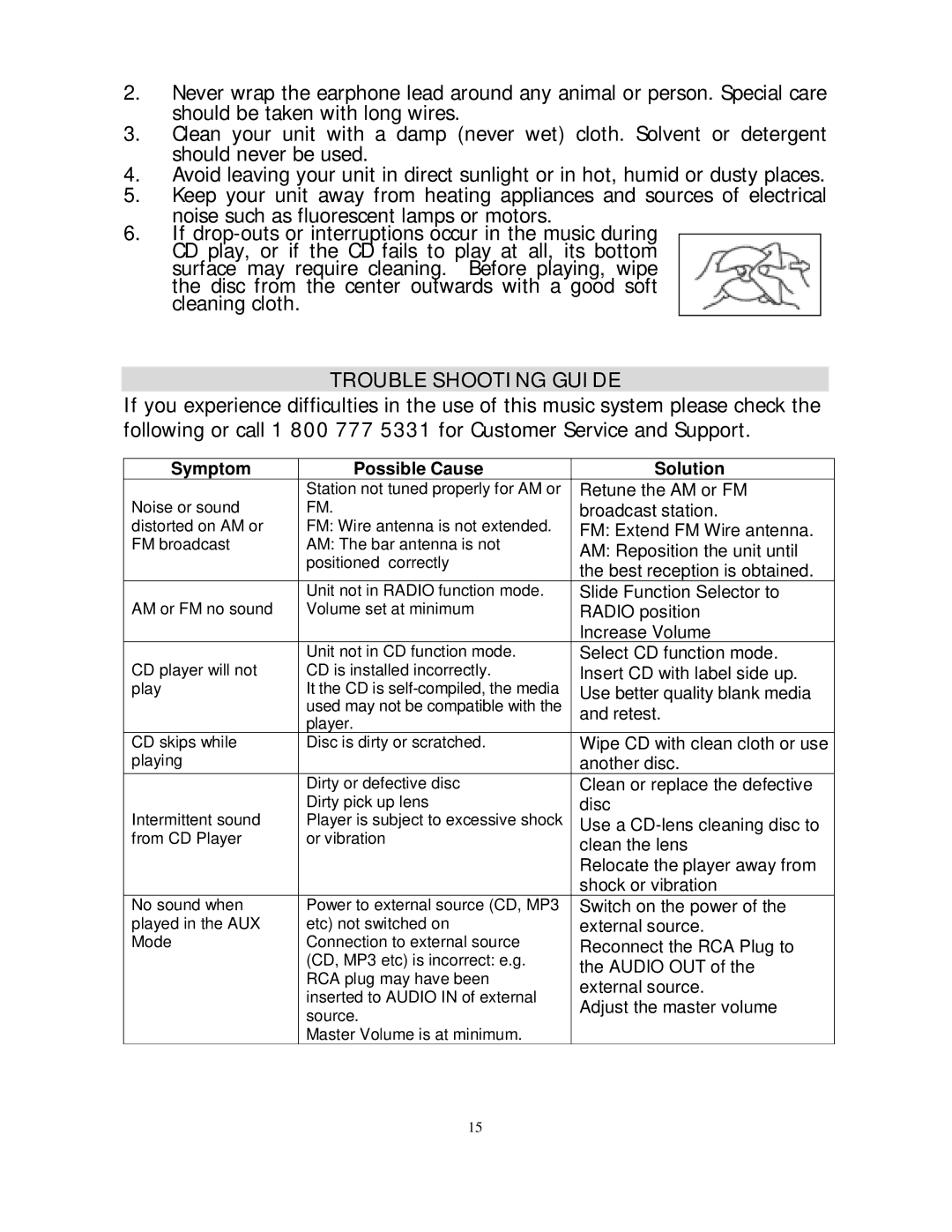 Jensen JMC-255 instruction manual Trouble Shooting Guide, Symptom Possible Cause Solution 