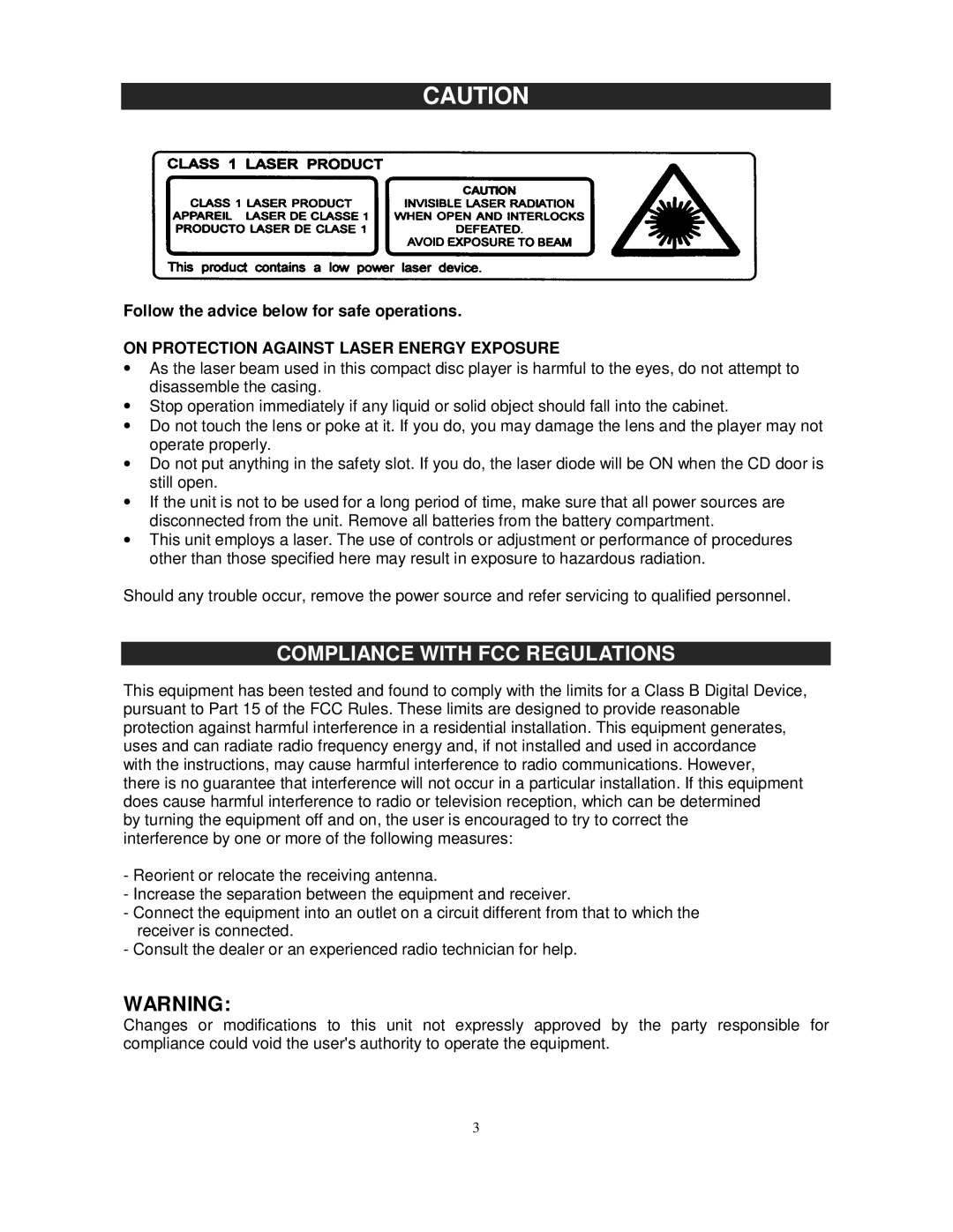 Jensen JMC-255 instruction manual Compliance with FCC Regulations 