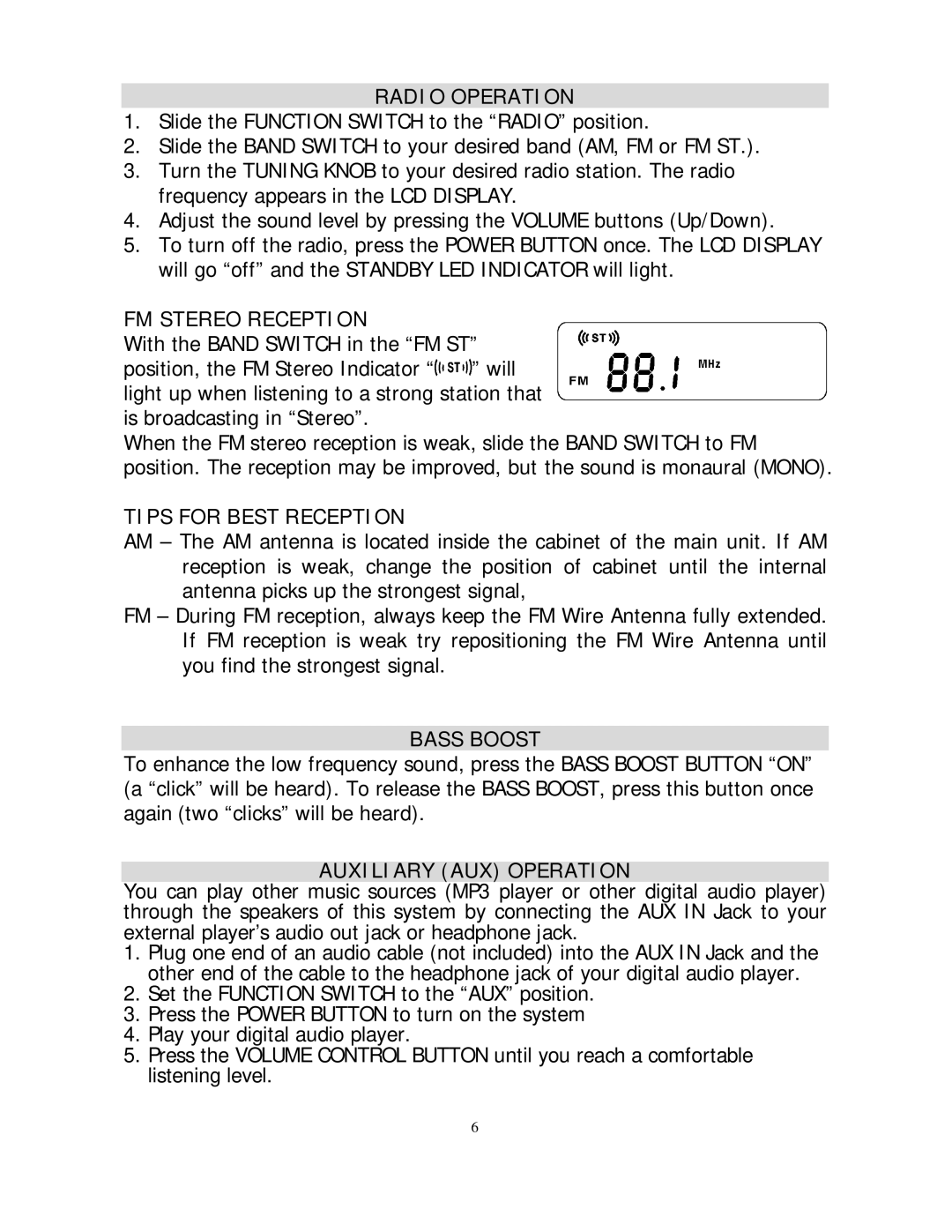 Jensen JMC-255 Radio Operation, FM Stereo Reception, Tips for Best Reception, Bass Boost, Auxiliary AUX Operation 